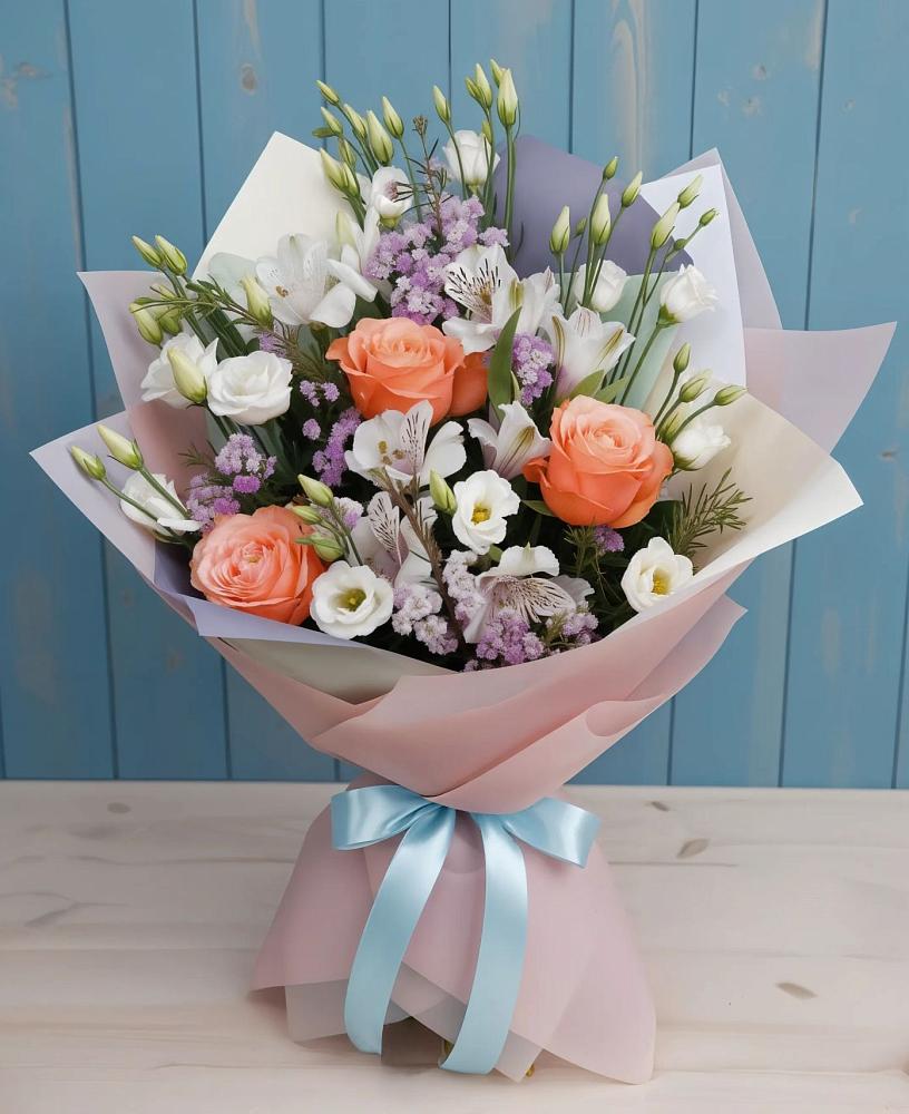 Букет цветов из: Лизиантусы, Розы, Альстромерии и Гипсофила в Зверево