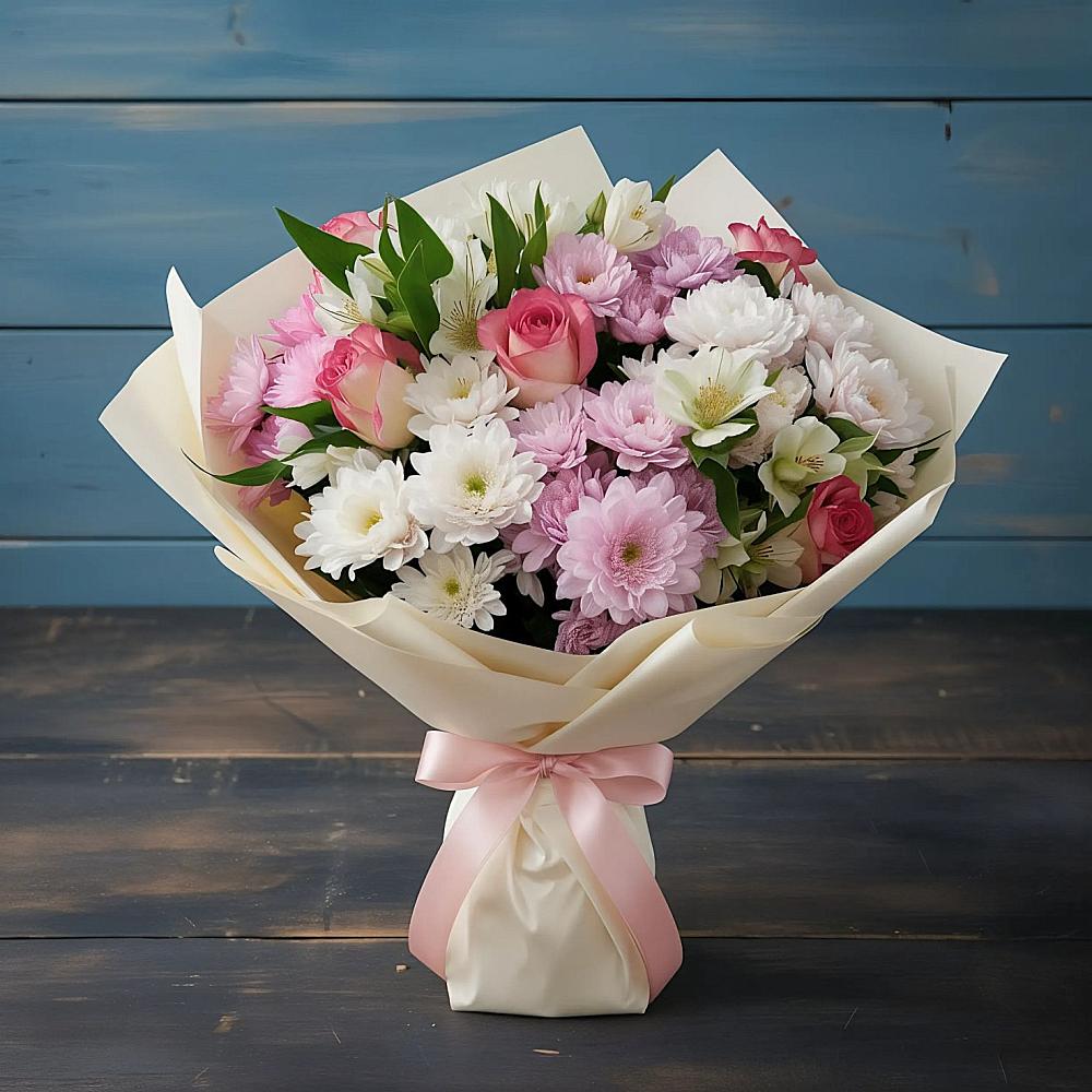 Букет цветов из: Хризантемы, Альстромерии и Розы в Зверево